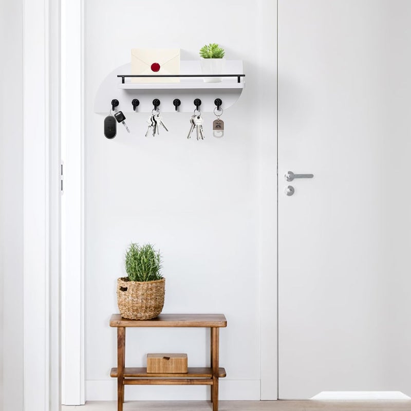 Karisky Key Holder for Wall, Decorative Key and Mail Organizer with 6 Sturdy Metal Hooks and Floating Shelf, 14 Inches Wood Wall Mounted Key Rack for Entryway, White and Black - Image 4